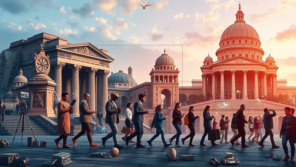 Create an ultra-realistic image depicting the concept of technological evolution, showcasing a timeline from the early invention of the wheel to modern digital devices. Focus on a seamless transition across eras, highlighting key innovations such as the printing press, telephone, and computer. Include elements like a virtual reality headset, a smartphone, and a holographic interface to represent the digital age. Illustrate a diverse group of people interacting with these technologies in everyday scenarios, set against a backdrop that morphs from ancient to futuristic architecture. Use vibrant colors and intricate details to emphasize the impact of technology on human life and society`s transformation over the centuries.