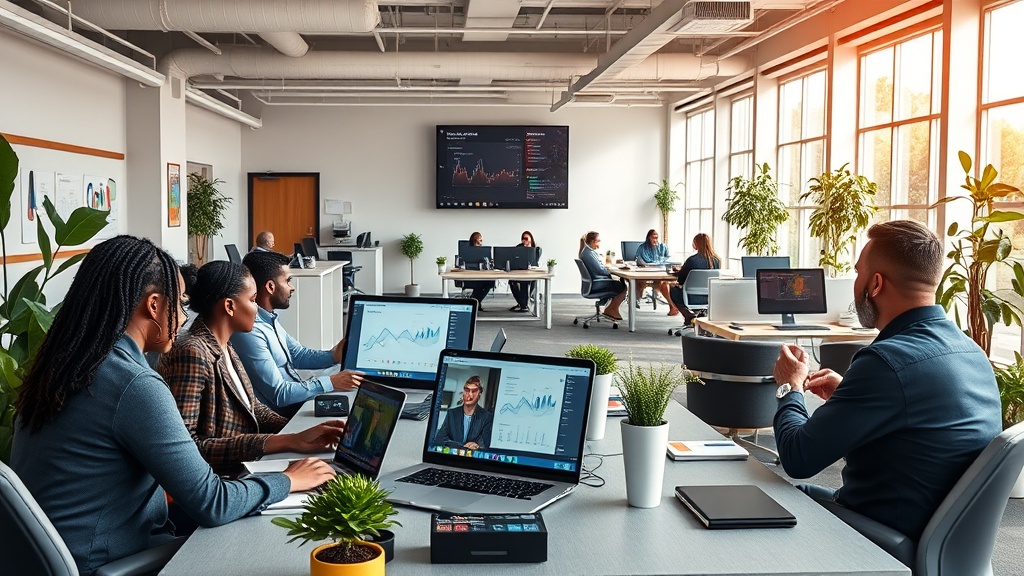 Generate an ultra-realistic image depicting a modern office setting that seamlessly integrates remote and hybrid workspaces. In the foreground, show a diverse group of professionals engaged in a video conference call, with laptops and tablets displaying collaborative software. The background features an open-concept office with ergonomic workstations, plants, and digital whiteboards. Include details like a large screen displaying analytics, a smart coffee machine, and employees working both at desks and in comfortable lounge areas. Natural light floods through large windows, highlighting the balance between technology and a human-centered design.