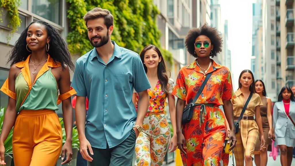Capture a bustling urban landscape showcasing a diverse group of individuals wearing vibrant, sustainable fashion pieces. Highlight a mix of eco-friendly materials like organic cotton, recycled polyester, and plant-based dyes in the clothing. Include a close-up of a designer tag that reads `Eco-Friendly` or `Sustainably Made.` Feature a backdrop of greenery, such as vertical gardens or potted plants, to emphasize the connection between fashion and nature. The image should convey a sense of innovation and forward-thinking, with people confidently interacting in a modern city setting, reflecting the dynamic shift in the fashion industry towards sustainability.
