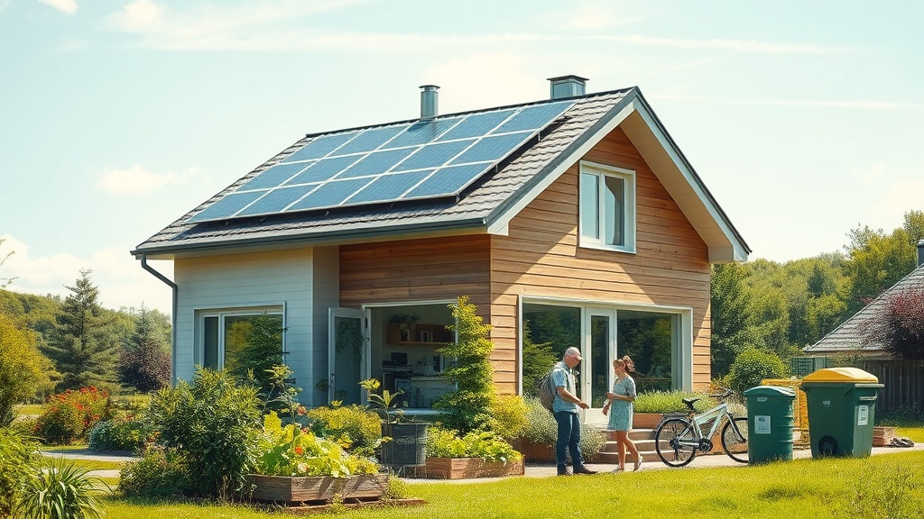 Create an ultra-realistic image depicting a modern, eco-friendly home nestled in a lush green landscape. The home should feature solar panels on the roof, a small vegetable garden, and a compost bin. In the foreground, place a family engaged in sustainable practices: a parent showing a child how to recycle, another family member tending to the garden, and a bicycle parked near the entrance. The sky above should be clear and bright, symbolizing clean air and a sustainable future. Include subtle details like energy-efficient appliances visible through the windows and a rainwater collection system to emphasize eco-conscious living.