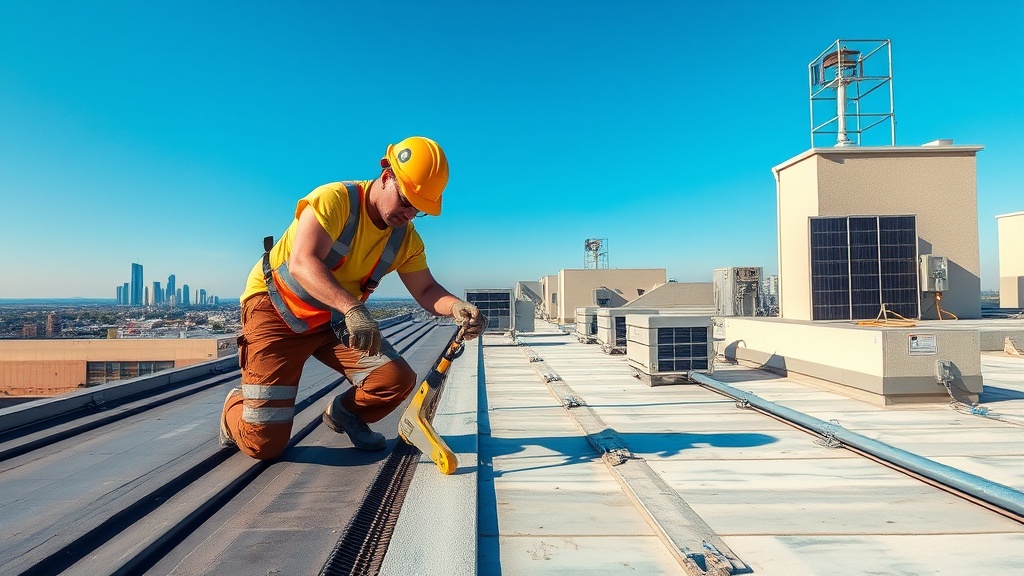 Create an ultra-realistic image of a professional roofer on a commercial rooftop, wearing safety gear and holding a high-quality roofing tool. The scene should capture the roofer inspecting the roof membrane closely for potential leaks. The background should feature a clear blue sky and distant city skyline, indicating an urban commercial setting. Include details like water drainage systems, HVAC units, and solar panels, illustrating the complexity of modern commercial roofs. Use high-resolution textures to emphasize the roofing materials and the roofer’s equipment, ensuring the image conveys expertise and attention to detail in roof maintenance.