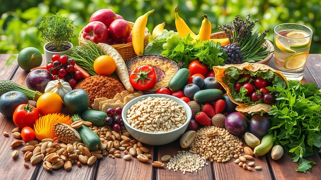 Create an ultra-realistic image illustrating a vibrant variety of plant-based foods artfully arranged on a rustic wooden table. Include an array of colorful vegetables, fruits, nuts, seeds, and grains, each meticulously detailed to highlight their natural textures and colors. The background should subtly hint at a lush, green environment, suggesting a farm-to-table concept. Incorporate elements like a small potted plant and a glass of water with lemon slices to emphasize health and freshness. The lighting should be warm and inviting, casting gentle shadows that enhance the depth and richness of the scene.