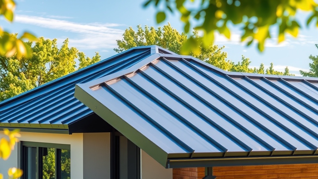 Create an ultra-realistic image showcasing a modern home with a sleek aluminum roof, highlighting the durability and aesthetic appeal of Alltech Aluminum and Roofing. The roof should be depicted in a vibrant yet natural setting, with sunlight reflecting off its surface to emphasize its robustness and longevity. Include subtle details of the aluminum panels, illustrating their seamless integration and high-quality finish. The background should feature lush greenery and a clear blue sky to enhance the overall atmosphere of resilience and sustainability.