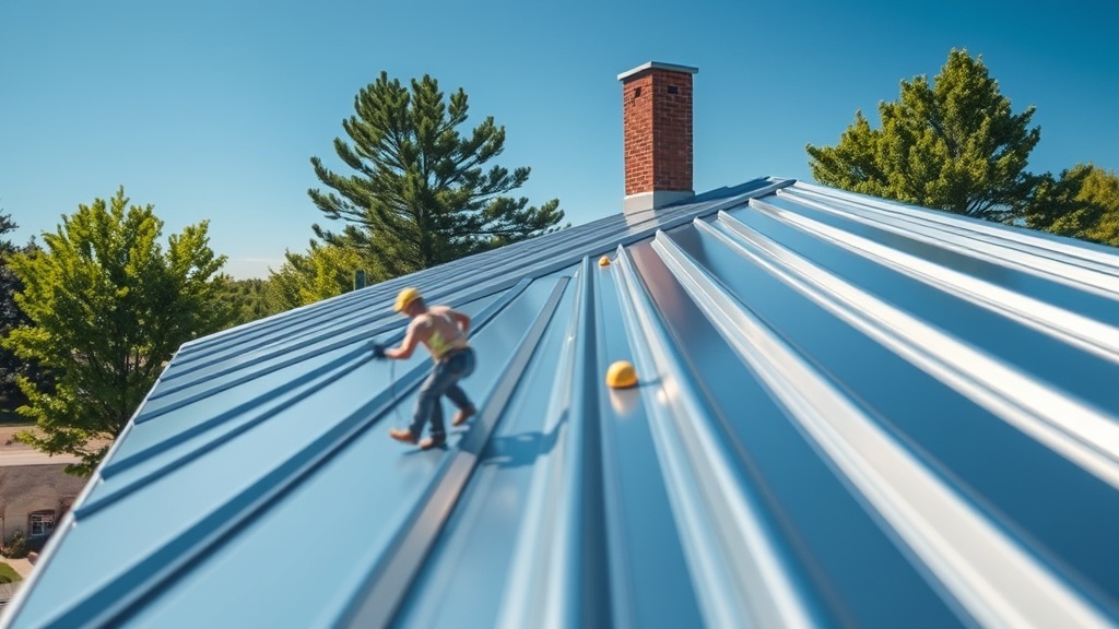 Create an ultra-realistic image featuring a modern, state-of-the-art aluminum roofing installation by Alltech Aluminum and Roofing. The scene should capture a close-up view of the sleek, metallic textures and precise craftsmanship of the aluminum panels under a clear blue sky. Include a skilled worker in the process of installing the roofing, showcasing attention to detail and expertise. The setting should be a suburban home with a backdrop of lush greenery, emphasizing the blend of cutting-edge technology and eco-friendly design. Focus on the reflective quality of the aluminum, capturing the play of natural light on the surface to highlight its durability and aesthetic appeal.