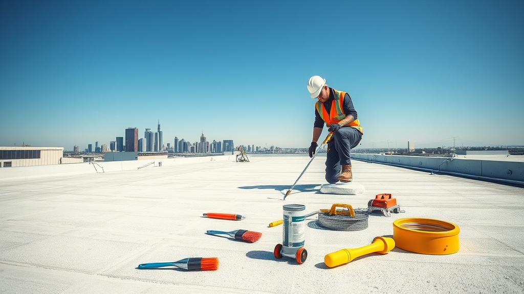 Create an ultra-realistic image of a commercial rooftop under maintenance. The scene includes a skilled technician in safety gear inspecting the roof`s surface. Show various maintenance tools like sealant, brushes, and safety equipment scattered around. The roof is expansive, with a city skyline in the background under a clear blue sky. Highlight the durable roofing materials and reflect details like the texture of the roof, shadows cast by the sun, and the technician`s focused expression. Capture the essence of proactive maintenance to ensure the roof`s longevity and cost-effectiveness.