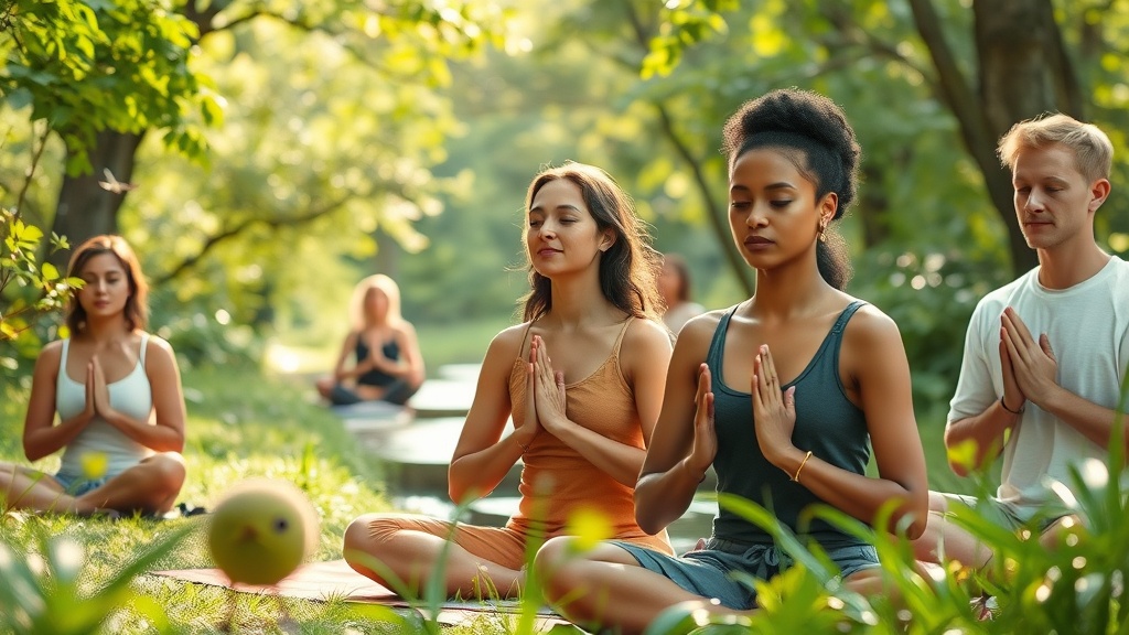 Create an ultra-realistic image of a serene and peaceful setting that embodies mindfulness and mental health. The scene should include a diverse group of people practicing mindfulness techniques in a natural environment. Capture a moment where individuals are engaging in yoga, meditative breathing, and journaling, surrounded by lush greenery and gentle sunlight filtering through the trees. The expressions on their faces should reflect calmness and emotional resilience, highlighting a sense of inner peace and stress relief. Include subtle elements like a gentle stream or birds in the background to enhance the atmosphere of tranquility and connection with nature.