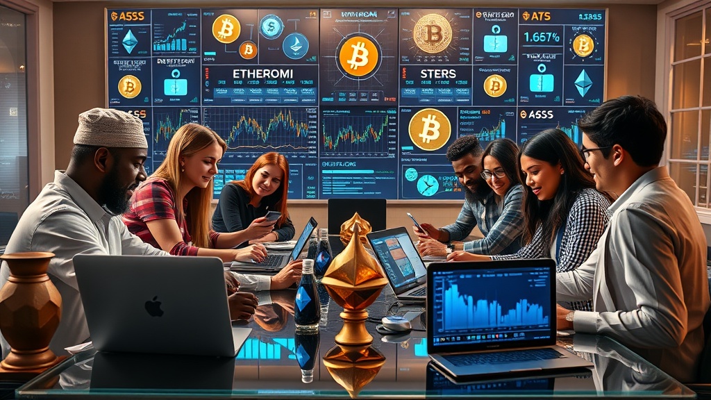 Create an ultra-realistic image depicting a diverse group of people of various ages and ethnicities sitting around a table in a modern, tech-inspired setting, actively engaging with digital devices like laptops and smartphones displaying cryptocurrency charts and data. The background should feature a digital screen wall showcasing animated symbols of popular cryptocurrencies such as Bitcoin and Ethereum. The atmosphere conveys a sense of curiosity, learning, and collaboration in the world of digital finance. Include elements like virtual coins, blockchain graphics, and futuristic interfaces to emphasize the theme of exploring and understanding cryptocurrency.