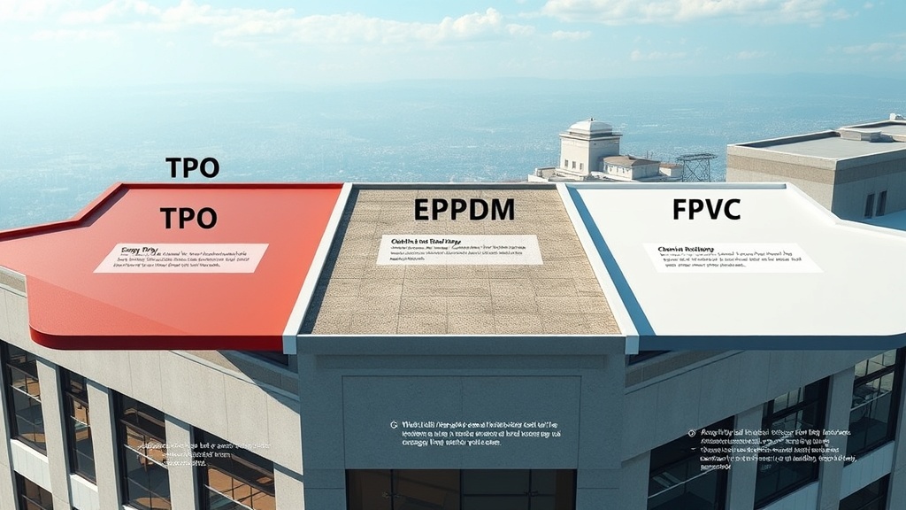 Create an ultra-realistic image depicting a comparative analysis of TPO, EPDM, and PVC roofing systems. The image should feature three distinct rooftop sections, each showcasing one of the materials. The TPO section should have a smooth, reflective surface, indicating its energy-efficient properties. The EPDM section should display a matte, rubbery finish, highlighting its durability and weather resistance. The PVC section should appear glossy and clean, emphasizing its chemical resistance and longevity. Include labels and infographics with key features and benefits of each roofing type. The background should depict a commercial building environment, illustrating these roofing systems in a business setting. Ensure that lighting and shadows are realistically rendered to enhance the image`s authenticity and detail.