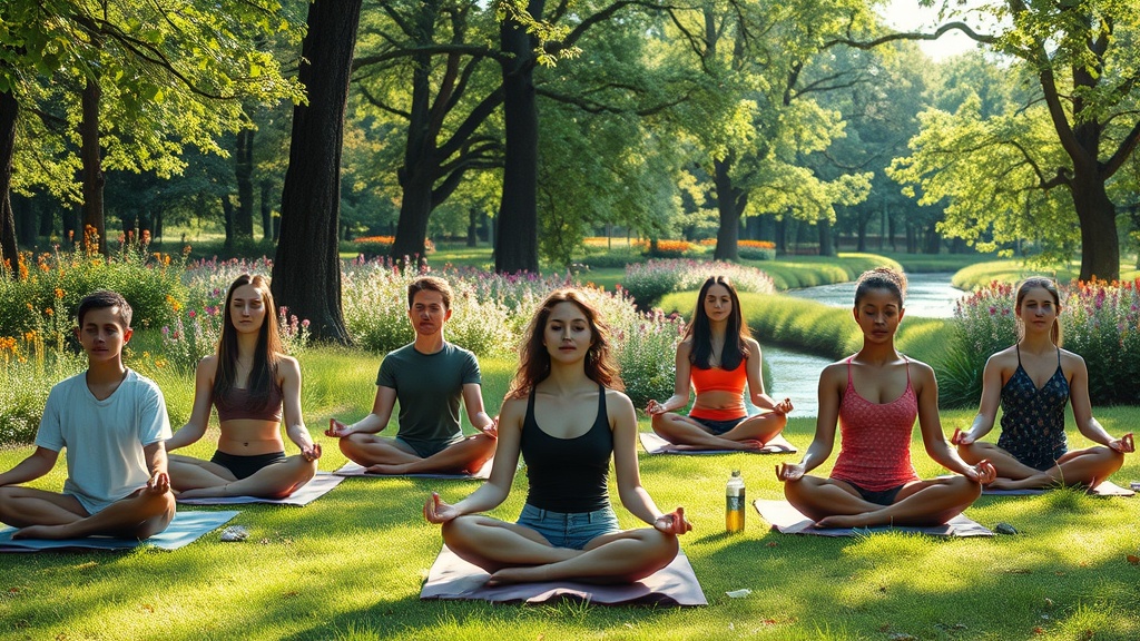 Create an ultra-realistic image capturing a serene meditation scene in a peaceful, natural setting. The central focus is a diverse group of individuals seated on mats in a lush, green park, practicing mindfulness meditation. The background features a gentle stream flowing quietly, surrounded by vibrant flowers and tall trees with sunlight filtering through the leaves, casting soft shadows. Each person displays a calm and focused expression, embodying peace and mental clarity. Include subtle details like yoga mats, water bottles, and a gentle breeze rustling the leaves to enhance the sense of tranquility and balance.