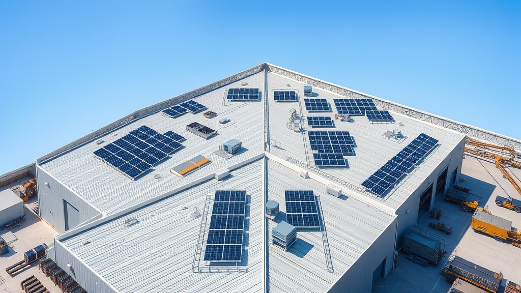 Create an ultra-realistic image of a large industrial warehouse with a focus on its state-of-the-art roofing. The scene should capture the expansive rooftop, showcasing modern roofing materials like energy-efficient metal panels and solar panels integrated seamlessly. Include details such as skylights for natural lighting and ventilation systems. The building should be surrounded by a clean, organized industrial environment with visible heavy machinery and storage areas, giving a sense of scale and functionality. The sky is clear, emphasizing the advanced, sustainable roofing solutions designed for durability and efficiency.