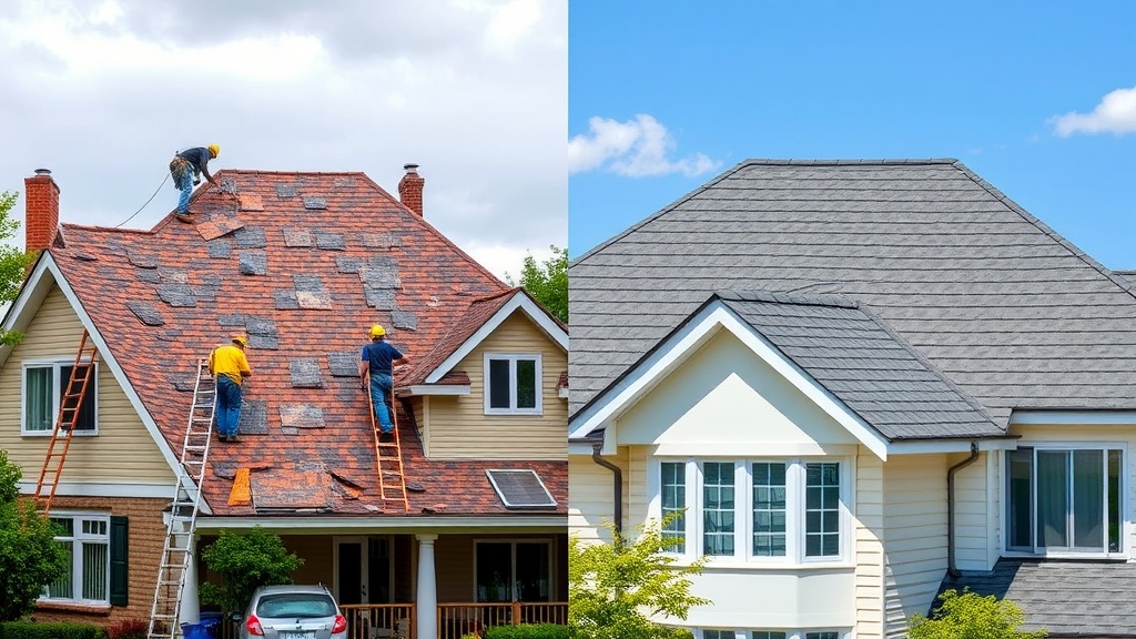 A realistic image depicting a side-by-side comparison of two houses: one undergoing roof repair and the other with a brand-new roof. On the left, show a team of workers on ladders repairing shingles, with visible signs of wear and tear on the roof, like missing or broken shingles and patches. On the right, depict a pristine, newly installed roof with a clean, modern appearance. Include contrasting weather conditions, with the repaired roof under a cloudy sky suggesting the need for urgent work, and the new roof under a bright, sunny sky symbolizing longevity and reliability. Add subtle details, like tools, safety gear, and materials, to enhance realism.