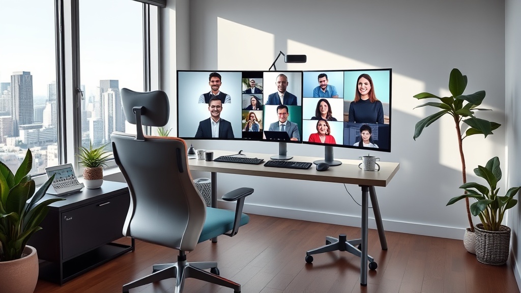 Create an ultra-realistic image depicting a modern home office setup, seamlessly blending technology and comfort. The scene should include a sleek, ergonomic chair, a large desk with dual monitors showing video conferencing software, and a digital calendar. A potted plant and a coffee mug should add a personal touch. In the background, depict a bright window with a view of a cityscape, suggesting connectivity and global reach. Include a diverse group of people on the video call, representing various cultures and professional attire, to highlight inclusivity and adaptability in remote work. The lighting should be natural, emphasizing a productive yet relaxed atmosphere.