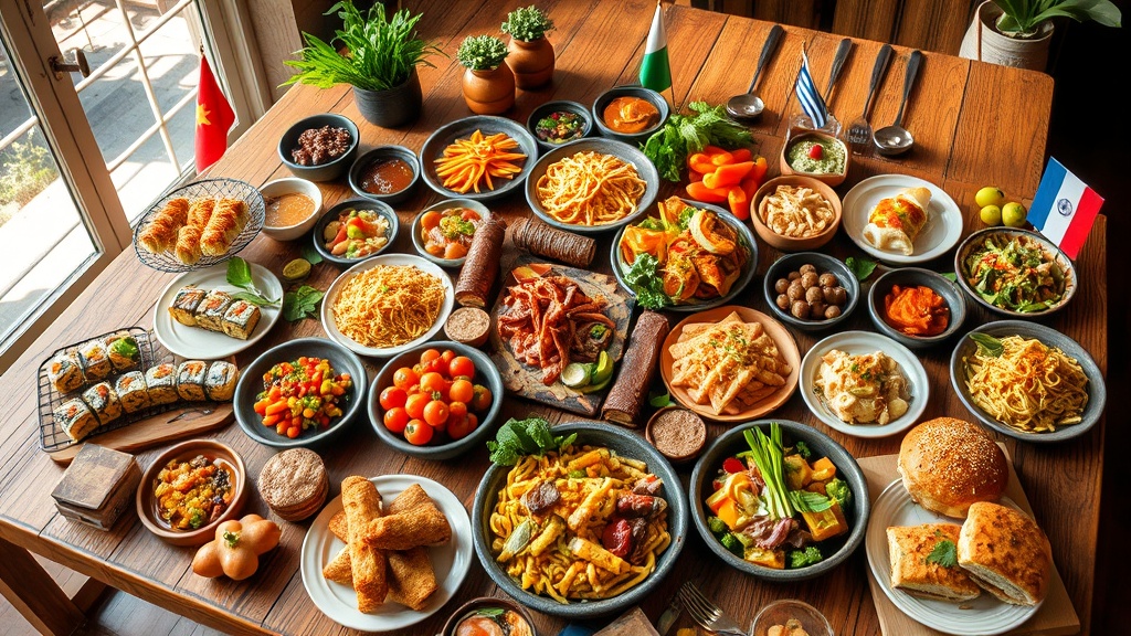 Create an ultra realistic image depicting a vibrant and diverse spread of global cuisines. The scene should feature a large, rustic wooden table adorned with a variety of dishes representing different cultures around the world. Include a colorful array of foods such as sushi from Japan, tacos from Mexico, pasta from Italy, curry from India, tagine from Morocco, and baklava from Greece. Each dish should be meticulously detailed, showcasing authentic textures and ingredients. The setting should evoke a warm and inviting atmosphere, with natural lighting that highlights the rich colors and intricate details of the food. Surround the table with subtle cultural elements like traditional utensils, small flags, or cultural artifacts to hint at the origins of each cuisine. Ensure the image conveys a sense of celebration and appreciation for the diversity of flavors and culinary traditions across the globe.