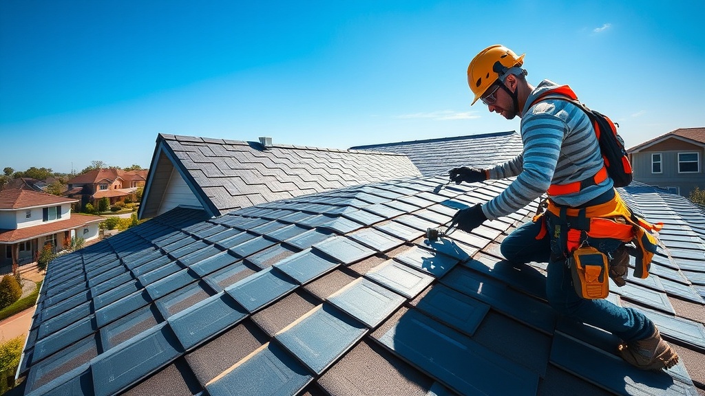 Create an ultra-realistic image showcasing the craftsmanship and quality of Alltech Aluminum and Roofing. Focus on a detailed close-up of a modern, sophisticated roof with high-quality aluminum shingles, reflecting sunlight to highlight their durability and sleek design. Include a skilled roofer in action, using precision tools and wearing appropriate safety gear, to convey professionalism and expertise. The background should feature a clear blue sky, emphasizing a bright, sunny day, with a suburban neighborhood visible in the distance, illustrating a setting where quality roofing is essential.