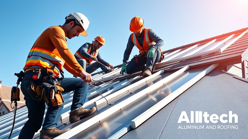 Create an ultra-realistic image of a team of professional roofers from Alltech Aluminum and Roofing working diligently on a suburban home. Capture the clarity of their high-quality aluminum materials as they skillfully install a new roof. Highlight the modern tools and safety equipment they use, emphasizing their expertise and attention to detail. The setting should be a sunny day, showcasing the gleaming finish of the aluminum roofing, with a clear blue sky in the background. Include the Alltech Aluminum and Roofing logo subtly in the corner to reinforce brand recognition.