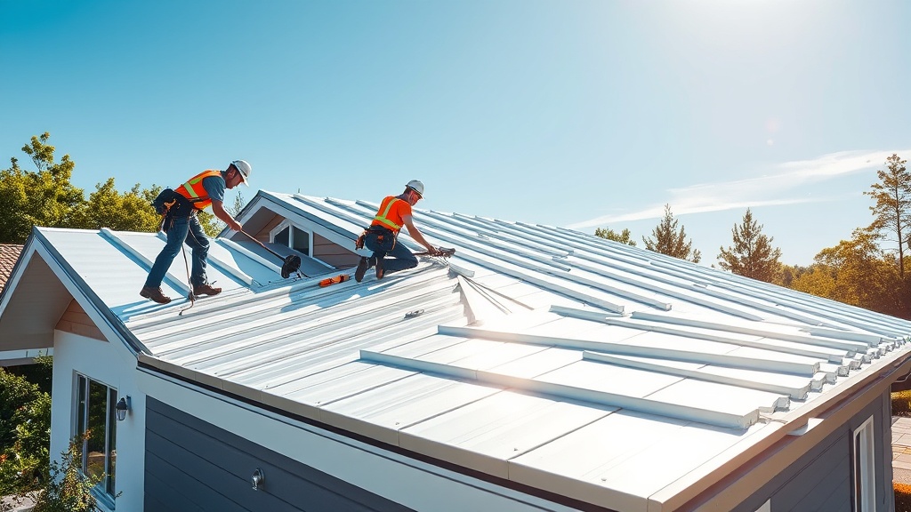 Create an ultra-realistic image of a professional roofing team from Alltech Aluminum and Roofing at work. The scene is set on a bright, sunny day, showcasing the team expertly installing aluminum roofing on a modern suburban home. Highlight the skilled workers, wearing safety gear and branded uniforms, using advanced tools and technology. Emphasize the sleek, reflective surface of the aluminum roofing panels under the sunlight, showcasing their durability and aesthetic appeal. Capture the attention to detail and precision in the installation process, with the house surrounded by lush greenery and a clear blue sky, symbolizing trust and quality craftsmanship.